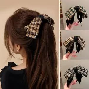 리본 체크 포니테일 바나나핀 URK-378 여성 스카프숄 사각 비치커버 빅사이즈