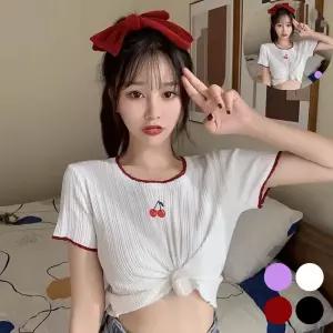 빅사이즈반팔티 여성 여름 체리 자수 귀여운 티셔츠 세미크롭 반팔