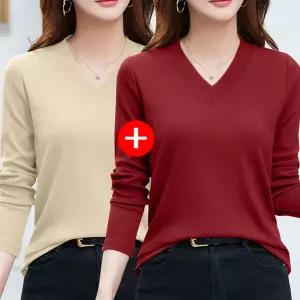1+1 여성 가을 플리스 보온 모달 긴팔티 빅사이즈 2P 브이넥 캐주얼 골지 티셔츠