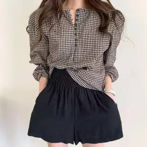 엘리몬드 벌룬 소매 루즈핏 라운드 단추 포인트 체크 블라우스 여성상의 차르르 봄옷 가을옷 패