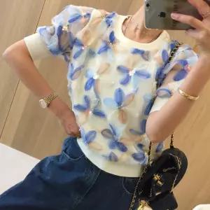 파스텔 깃털 플라워 스팽글 라운드 벌룬 퍼프 세미크롭 라운드 시스루 반팔니트 (2color)