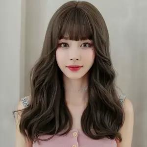 여성 긴 머리 웨이브 앞머리 인모 통가발 반가발