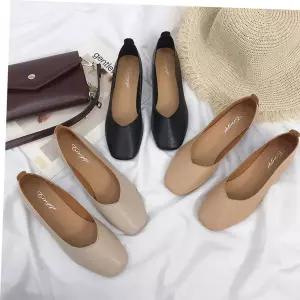 편한신발 여성 사각코 우드굽 플랫슈즈 낮은굽 정장 구두 3cm