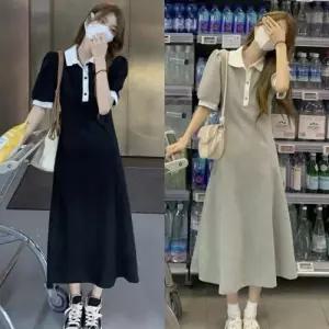 여성 청순 카라배색 반팔 롱 원피스