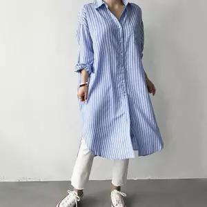 여성 블루 스트라이프 롱셔츠 절개 데이트룩 베이직 qiI6+9aYF