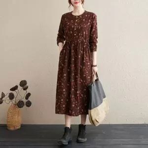 루즈핏 은창)잔꽃 플라워 버튼 스트링 면 롱 원피스 겨울