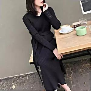 브이넥 니트 롱원피스 옆트임 허리벨트 슬림라인