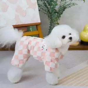 수면잠옷 체크 보아털 강아지 올인원 애견옷 털안감