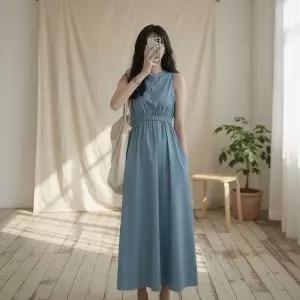 [하프클럽/]여성 U넥 허리밴드 잔주름 롱 후레아 원피스