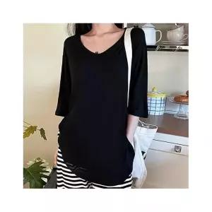 유야 여성 레이온 스판 무지 브이넥 언발 롱 티셔츠 STS0179 여름
