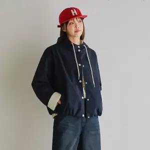 [핑크시슬리] 스프링 하이넥 배색 밴딩 루즈 후드 자켓