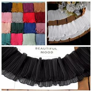 와이드 쉬폰 플리츠 레이스 트리밍, DIY 의류  원단, 테이프, 화이트컬러, 블랙, 핑크, 그린, 레드, 퍼플,