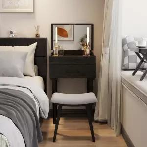 거울과 조명이 있는 무울레 솔리드 우드 작은 화장대 좁은 공간을 위한 플립 탑 3가지 색상 모드 및 조절