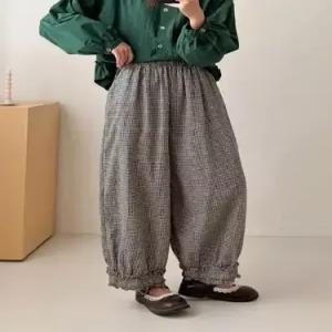 EAMT 팬츠 봄 여성용 면 마 체크 스트링 배기핏 EUNG1