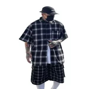 남성 반팔셔츠 힙합 검은색 남방 남자 루즈핏 체크 스트릿 티셔츠 티