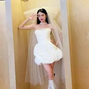 오프숄더 웨딩 미니드레스 화이트 빅사이즈 촬영 숏