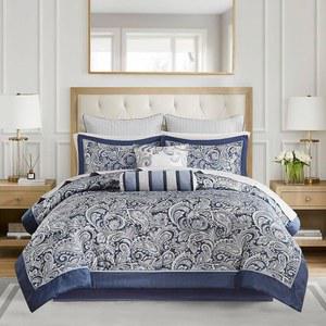 매디슨 파크 오브리 아늑한 이불 세트, 인조 실크 자카드 페이즐리 디자인 - 올 시즌 다운 대체 침구와 면 침대 시트, 침대 스커트 및 토스 베개, 캘리포니아 킹 네이비 12피스