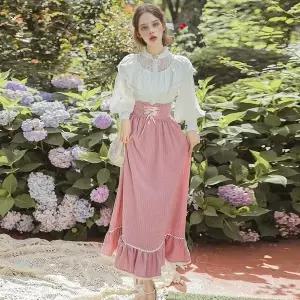 [에이치플러스몰]ToB 레트로 화이트 퍼프셔츠 핑크치마 투피스 세트 복고의상대여