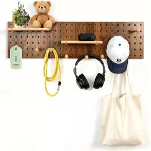 UMICAL 브라운 우드 페그보드 모듈식 디스플레이 나무 조합 벽 정리함 가정 사무실 욕실용 보관 후크 선반