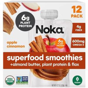 노카 슈퍼푸드 과일 스무디 파우치, 사과가 들어간 사과 소스 파우치, 시나몬 & 아몬드 버터, 과일이 들어간 간식, 식물성 단백질, 섬유질 및 아마 씨앗, 4.22온스(12팩)