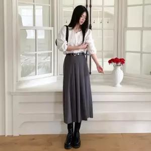 [다잇템] 여자 출근룩 클래식 벨트세트 아코디언 롱스커트