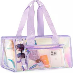 여성용 야로 대형 비치백 전면 폰 파우치가 포함된 이리데센트 토트백 비치 풀 헬스장 요가 필수품용 내부