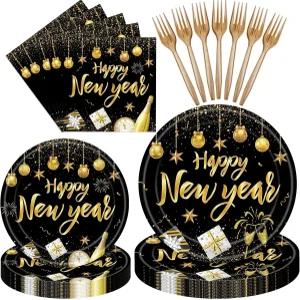 96피스 새해 복 많이 받으세요 식기 세트 - 전야 파티를 위한 불꽃놀이와 샴페인 디자인의 블랙 앤 골드