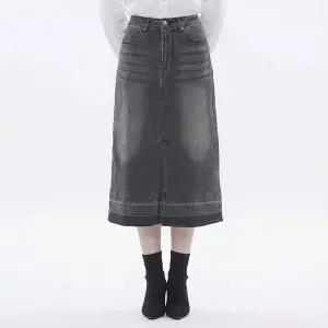 [로코엘라]더스티 앞슬릿 워싱 데님 롱 스커트