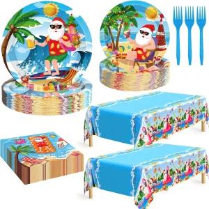 QZYL 122개 여름 크리스마스 장식 트로피컬 비치 접시 파티 용품 일회용 7월의 냅킨 컵 포크 및 테이블보