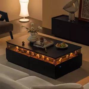 심플 블랙 암판 티테이블 화이트애시 원목 이탈리안 미니멀 거실 LED 조명 커피테이블