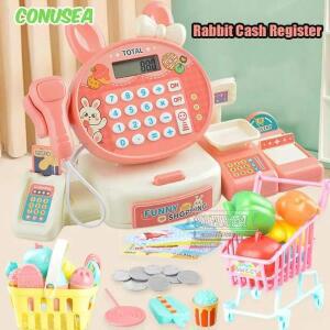 장난감 소녀 전기 토끼 금전 등록기 어린이 놀이 집 세트 시뮬레이션 슈퍼마켓 계산대 게임 크리스마스 선