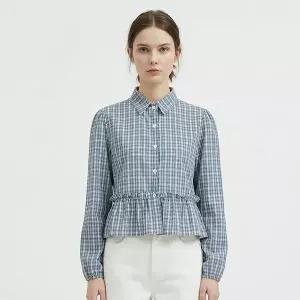 [하프클럽/샵앤]여성 카라 블루 체크 밑단프릴 긴팔 남방 블라우스 MSE-WBL-211