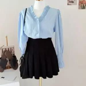 [하프클럽/옷자락]여성 루즈핏 프릴넥 셔링 퍼프 소매 긴팔 블라우스