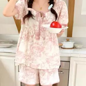 중학생용 플라워 패턴 반팔 잠옷 커플