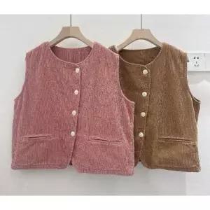 볼사스 여성용 면 가을 캐주얼 빈티지 나시 싱글 전판 솔리드 조끼 코듀로이 코트 ADOR3