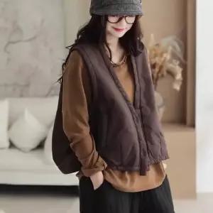 볼사스 여성용 빈티지 캐주얼 V넥 조끼 기모 다운 ADOR1