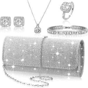 신부 결혼식을 위한 캔칭 5개 라인스톤 주얼리 세트 글리터 블링 클러치 지갑 목걸이 귀걸이 반지