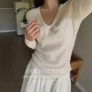 핫핑 [입자마자-5kg/쫀쫀] 에브리데이_꼬임브이넥 슬럽 골지 니트 긴팔티셔츠