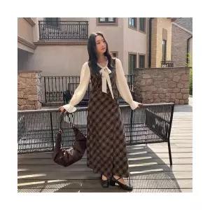 여성용 가을 빈티지 페이크 투피스 버클 프렌치 가을원피스 체크 끈 하객 ADOR3