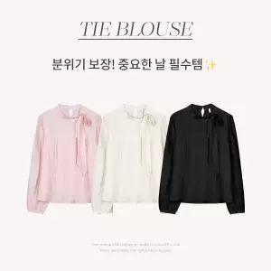 핫핑 [하객룩/고급미] 드밍 모크넥 글로시 타이 긴팔블라우스