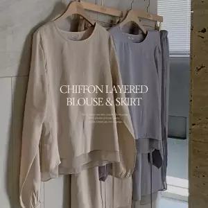 핫핑 [따로또같이][하객룩/모임룩] 두오티 쉬폰레이어드 스트랩 블라우스+롱스커트set