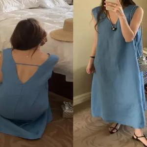 빅사이즈 여성 브이넥 민소매 롱 원피스 여름용 넉넉핏 슬림핏