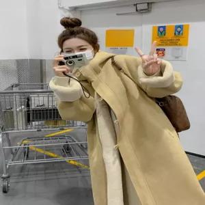 무스탕 롱코트 겨울 후드 두꺼운 퍼 여성 양털 안감