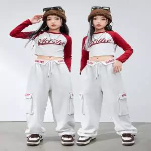댄스복 방송 아이돌 무대 의상 발표회 힙합 프린트 버건디 탑 그레이 카고 팬츠 아동 스트릿 댄스 키즈 재