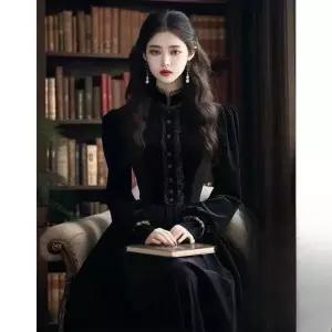 블랙 원피스 겨울파티룩 중세 개화기 드레스 벨벳 여성 연말룩 검은색
