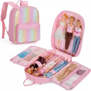 바비 인형과 호환되는 12인치 휴대용 백팩 고정 스트립이 있는 여행용 보관 가방 최대 6개의 인형 인형의