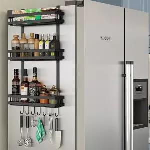 [골드스마일]블랙 냉장고선반 3단 주방선반 벽걸이선반 고리포함 공간활용