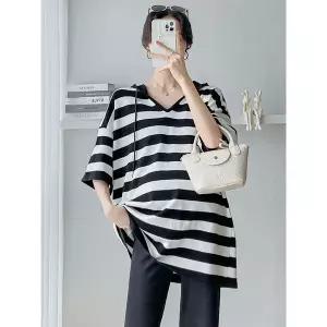 [하프클럽/하젤]호이안 스트라이프 후드 반팔 롱니트티_S4619