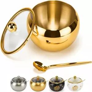 유리 뚜껑과 숟가락이 있는 15OZ 설탕 그릇 커피 바 액세서리 용기 소금 차 브라운 슈가 큐브용 스테인리스