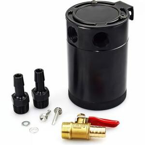 오일 드레인 콕 밸브가 있는 범용 캐치 캔 배플리스 저장 탱크 공기-오일 분리기 2 포트 알루미늄 검정색